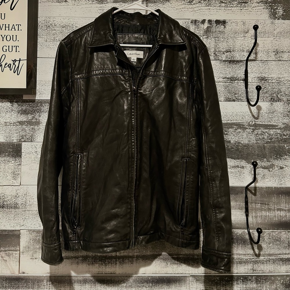 Men’s small black leather Calvin Klein jacket